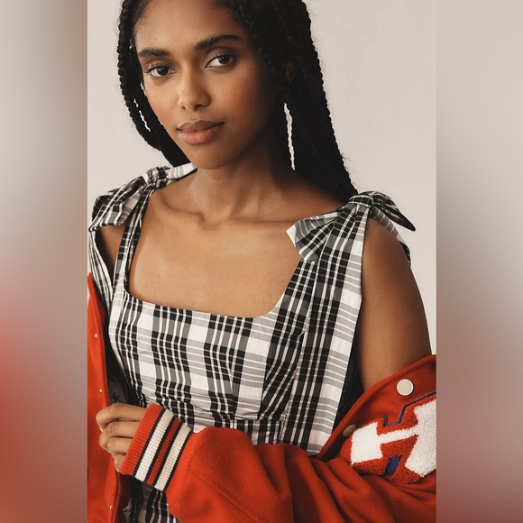 Anthropologie Maeve Black White Plaid Square-Neck Tie Strap Midi Dress Medium - Picture 4 of 16